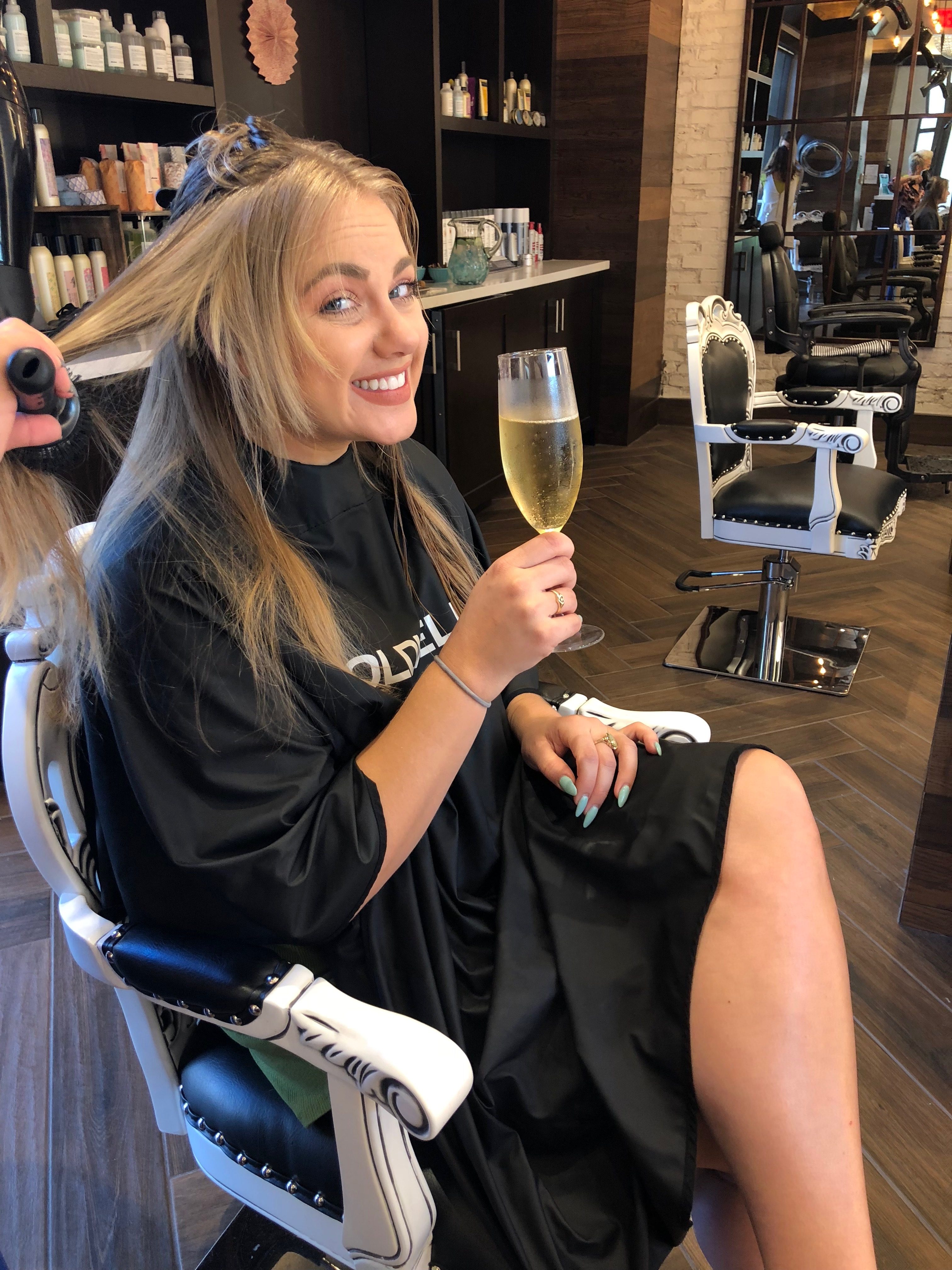 champagne at the hair salon