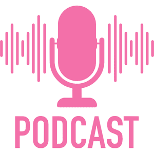 Pink podcast microphone with sound waves and text below. Pink podcast microphone with sound waves and text below.
