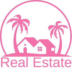 Pink real estate logo with house and palm trees inside a circle. Pink real estate logo with house and palm trees inside a circle.
