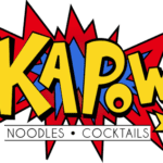 Colorful comic-style ‘KAPOW!’ logo with food and drink icons below.